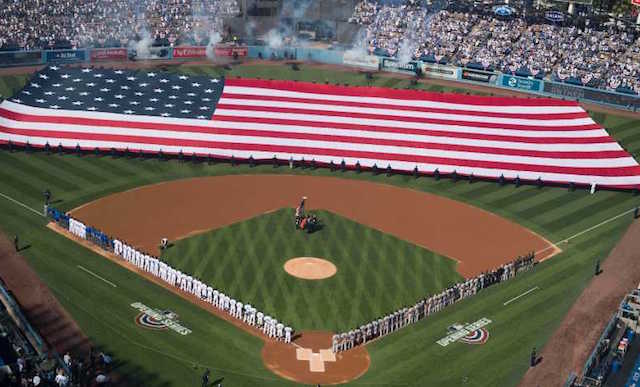 Dodger Stadium view, American flag, 2018 Opening Day