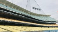 General view of the netting along the dugout at Dodger Stadium