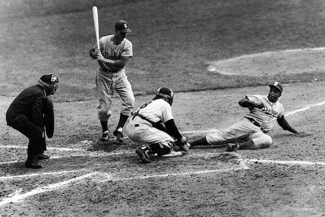 Jackie Robinson Hitting Home Run Brooklyn Dodgers Baseball