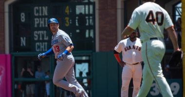 San Francisco Giants starting pitcher Madison Bumgarner yells at Los Angeles Dodgers infielder Max Muncy after allowing a home run