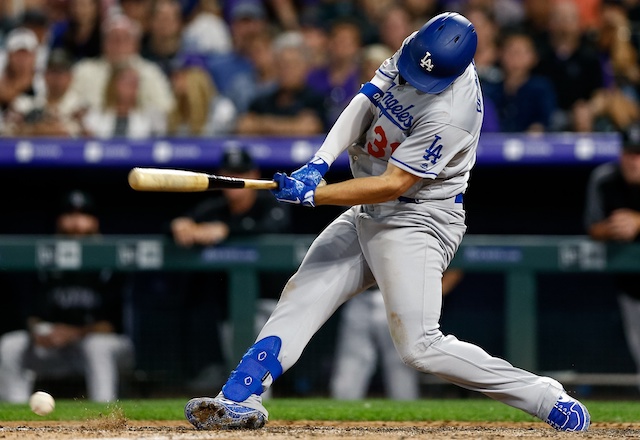 Los Angeles Dodgers outfielder Joc Pederson drives a run in on a groundout