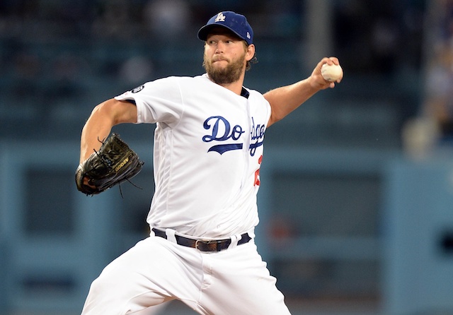 Los Angeles Dodgers starting pitcher Clayton Kershaw works against