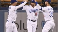 Cody Bellinger, Joc Pederson and A.J. Pollock celebrate after a Los Angeles Dodgers win