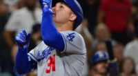 Los Angeles Dodgers outfielder Joc Pederson celebrates after hitting a home run