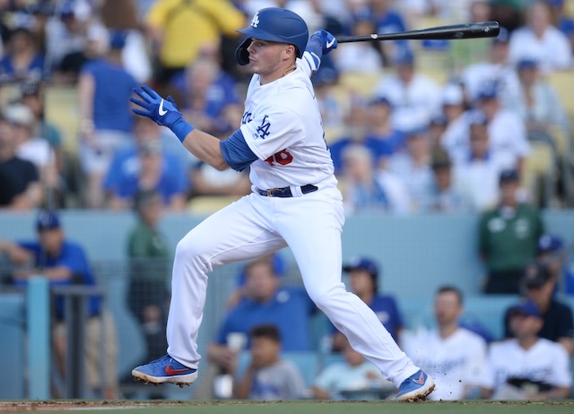 Los Angeles Dodgers infielder Gavin Lux hits a single in his MLB debut