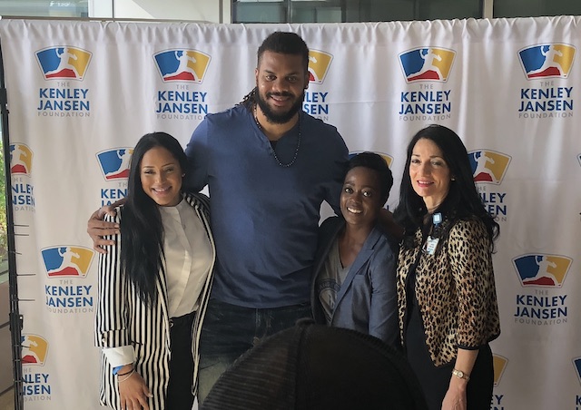 Los Angeles Dodgers relief pitcher Kenley Jansen with Los Angeles Dodgers Foundation CEO Nichol Whiteman during an appearance at UCLA Mattel Children’s Hospital on behalf of the Kenley Jansen Foundation