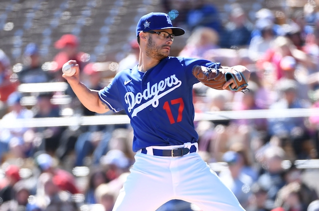 Los Angeles Dodgers relief pitcher Joe Kelly throws to the plate