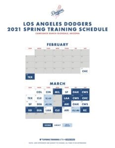 Dodgers 2021 Spring Training Schedule Cactus League Opener Feb 27 Vs Cubs Dodger Blue
