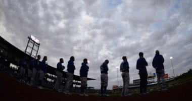 Mookie Betts, Max Muncy, AJ Pollock, Dodgers lined up, national anthem, Sloan Park view, 2021 Spring Training