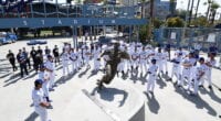 Dave Roberts, Justin Turner, Los Angeles Dodgers, Jackie Robinson statue, 2021 Jackie Robinson Day