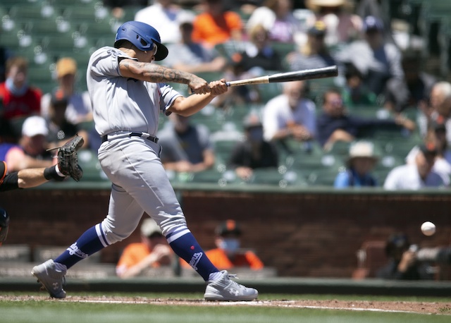 Yoshi Tsutsugo and Clayton McCullough of the Los Angeles Dodgers