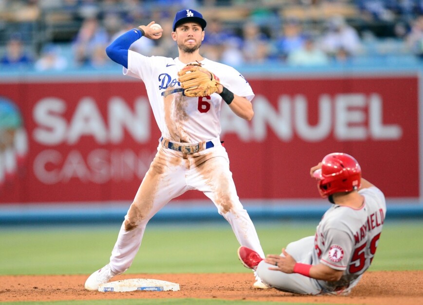 Los Angeles Dodgers second baseman Trea Turner looks on during the