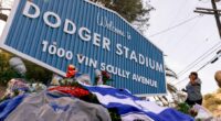 Dodgers fan, Vin Scully memorial, Dodger Stadium sign
